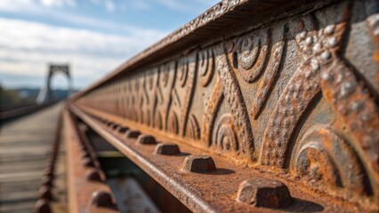 Aufkleber - A macro shot emphasizing the rugged surface of a weathered steel girder featuring patches of surface oxidation that tell stories of exposure to the elements. Textured patterns