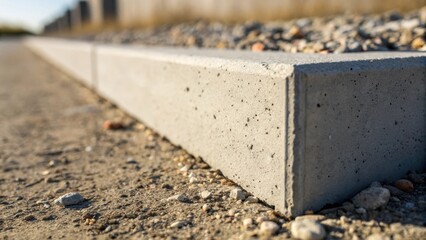 Poster - A macro shot focusing on the corner of a precast barrier where the concrete meets the ground. The angle captures tiny particles of dirt and gravel nestled in the crevices