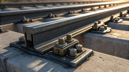 Aufkleber - A macro shot of a rail switch mechanism where the metal components glint against the backdrop of the concrete base with screws and bolts highlighted by shadows and light.