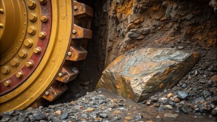 Aufkleber - A macro shot of a small section of the ground being excavated where freshly exposed rock in a variety of colors and textures lies juxtaposed against the smooth steel of the ting