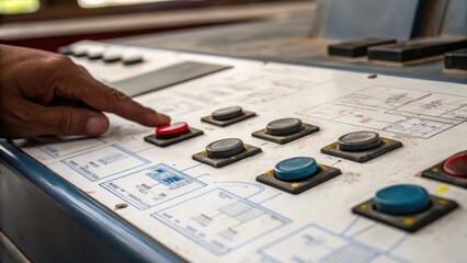 Aufkleber - A macro shot of the control panel worn yet functional with buttons and levers showing signs of extensive use. A finger hovers over a button while the view reveals glossy blueprints