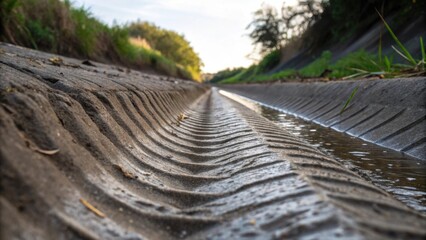 Poster - A macro shot of the rugged surface of a drainage channel revealing intricate grooves and ridges engineered to enhance water dispersion. Surrounding vegetation peeks through the