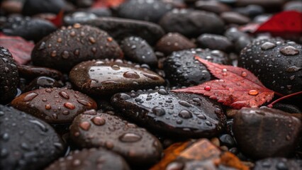 Aufkleber - A macro shot of wet gravel glinting after a light rain droplets resting on the tops of the stones. The rich dark colors of the gravel are intensified by the moisture and a few