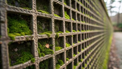 Poster - A macro view of a weathered yet sy geogrid wall where sections have begun to show signs of moss growth. The interplay of organic life against the manmade structure demonstrates the