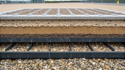 Poster - A macro view of the filtration system at the base of a water retention tank where layers of gravel and sand are visible designed to clean incoming rainwater. The careful