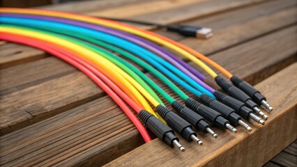 Aufkleber - An abstract closeup features a spread of fiber optic cables resting on a wooden platform each cable displaying a rainbow spectrum as they catch the light. The texture of the wood