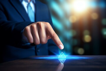 Poster - Businessman activating a futuristic play button on an interactive surface, symbolizing the start of a new project or venture