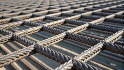 Aufkleber - An abstract closeup of twisted steel strands interweaving to form a rigid mesh structure. The interplay of light and shadow creates a dynamic visual effect accentuating the complex