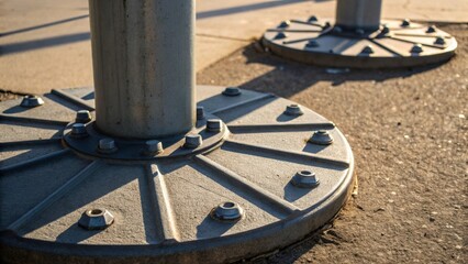 Aufkleber - An abstract closeup featuring the circular bases of streetlight poles highlighting the patterns of bolts and the interplay of light and shadow around these foundational elements.