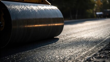 Aufkleber - An abstract shot focusing on the gleaming black surface of an asphalt roll accented by the play of light and shadows. The hint of grainy texture creates a tactile sense evoking the