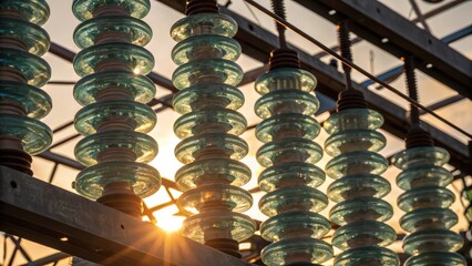 Aufkleber - An abstract perspective showcasing a tightly packed arrangement of glass insulators glistening under soft sunlight. The intricate patterns of the glass create a mesmerizing play of