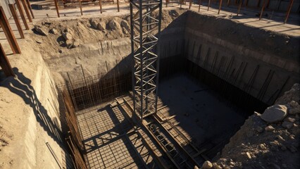 Poster - An abstract image capturing the interplay of shadows cast by a towering crane above the excavation site. The focus is on the exposed rebar and the edges of the foundation trench