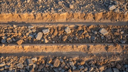 Poster - An aerial perspective of freshly laid base rock layers showcasing a mosaic of crushed stone particles in varying sizes. The surface glistens under sunlight with small pockets of