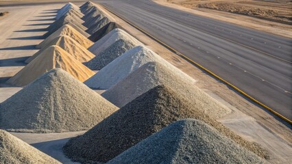 Poster - An aerial view showcasing a series of meticulously stacked gravel piles their rugged edges creating sharp contrast against the smooth freshly laid roadbed. The varying shades of