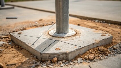 Aufkleber - An angled closeup that reveals the junction where a circular metal pole meets a solid concrete base. The foundation is marked with deliberate trowel lines while sawdust and scraps