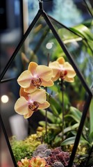 Poster - Vibrant Future Dusk orchids display their unique colors and delicate patterns, thriving in a beautifully arranged terrarium filled with lush greenery and serene ambiance