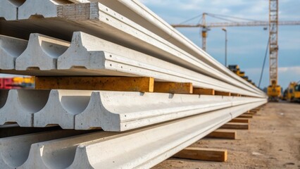 Aufkleber - An angle view focuses on the ends of several stacked precast viaduct beams capturing the uniformity in their design. The edges display a pristine finish with contrasting rough s