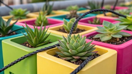 Poster - An array of colorful modular planters interspersed with lowmaintenance succulents each equipped with mini drip irrigators. The closeup captures the rich textures of the plant