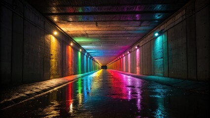Poster - A narrow beam of multicolored lights shining down from the tunnels entrance streaking through the otherwise dark space like a rainbow. The vibrant colors reflect off the wet