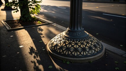 Aufkleber - An artistic angle capturing a streetlight base with a geometric design partially submerged in a shadow cast by nearby trees. The juxtaposition of the detailed pattern against the