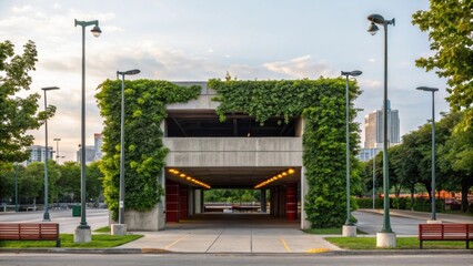 Poster - An artistic angle captures the angular facade of a modular parking structure framed by lush greenery and urban elements like street lamps and benches. The juxtaposition of the