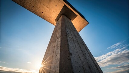 Aufkleber - An artistic angle focusing on the silhouette of a precast concrete column against a clear blue sky with the sun illuminating the edges.