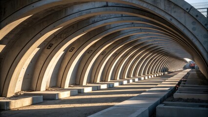 Poster - An artistic angle showcasing the curved geometry of precast tunnel segments arranged in preparation for installation. The interplay of light and shadow across their surfaces