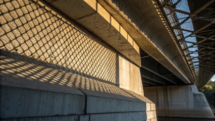 Poster - An artistic angle of a bridge abutment highlighting the union between the robust concrete surface and the underlying steel reinforcement mesh. The sunlight casts shadows that