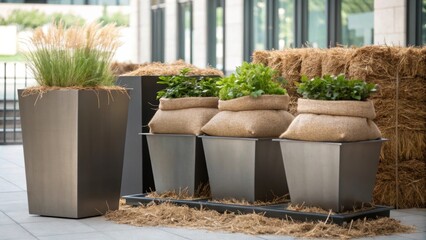 Poster - An artistic arrangement of steel planters their sleek modern design contrasting with the organic materials surrounding them such as straw bales and burlap sacks filled with soil.