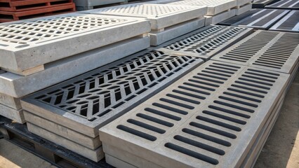 Poster - An artistic arrangement of preformed metal drain grates stacked on a palette. Each grate varies slightly in design ranging from smooth surfaces to those featuring ridges and
