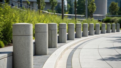 Poster - An artistic perspective of precast concrete bollards arranged in a slight curve emphasizing their functional design paired with urban aesthetics. The interplay of light and shadow