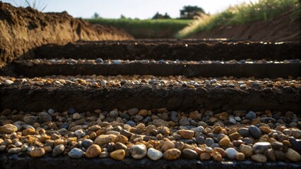 Poster - An artistic shot featuring a series of gravelstrewn layers at the bottom of the ditch. The glistening pebbles catch the light against the backdrop of dark moist soil pointing to