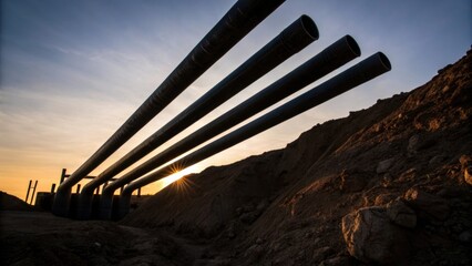 Aufkleber - An artistic shot featuring silhouetted shapes of various sewer pipes intersecting at oblique angles captured against the brightening sky of early dawn. The rough textures of the