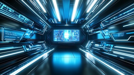 Aufkleber - High-Tech Futuristic Corridor with Blue Illuminated Control Panels and Circuit Patterns : Generative AI