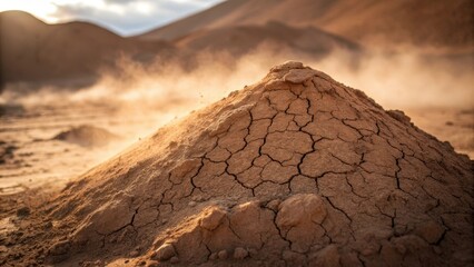 Poster - An image focusing on a pile of dry dusty soil with fine particles caught in the light swirling gently in a breeze. The top of the mound shows cracks and fissures capturing the