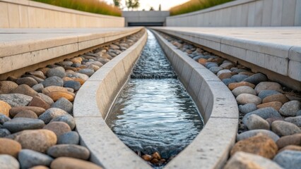 Poster - An image focusing on the outlet of a drainage channel where water is expected to flow out into a designed catchment area. The smooth curved edges of the channel blend into a layer