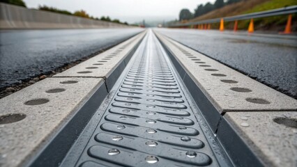 Poster - An image focusing on the water drainage grooves carved into the surface of a heavyduty road divider with drops of rainwater pooling inside illustrating functionality amidst the