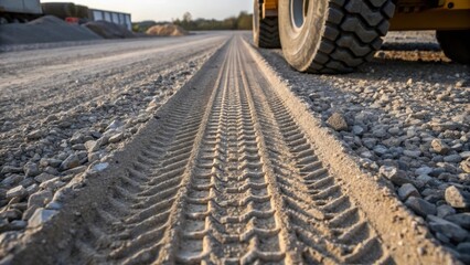 Aufkleber -  An image of gravel compressed under heavy machinery where tire tracks are evident on the surface demonstrating the application of pressure that enhances stability surrounded by
