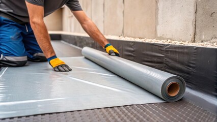 Fototapete - An image showcases the installation process with a worker carefully unrolling the waterproof membrane against the foundation wall. The focus is on the hands action as it smooths