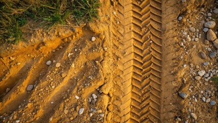 Poster - An intense closeup reveals the textured surface of compacted earth surrounding the construction site. The intricate patterns of erosion and tire marks from heavy machinery contrast