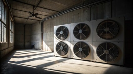 Poster - An interior view capturing a group of ventilation fans staged together their sizes varying from small to large. The dim light filters through dust particles in the air illuminating