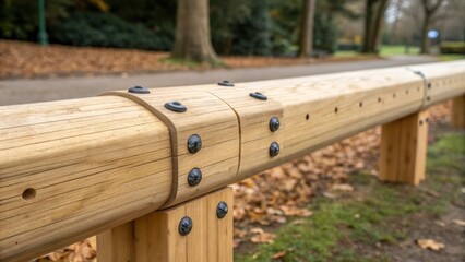 Aufkleber - An intimate look at the assembly of a balance beam constructed from natural wood but designed with flexible modular connectors. The smooth surfaces are free of splinters and small