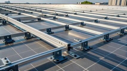 Aufkleber - An intricate arrangement of mounting racks showcasing the structural supports that elevate the solar panels off the rooftop surface. The metallic finish glints in the sun while