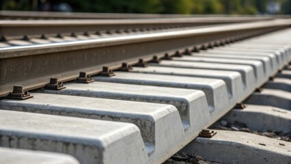 Poster - An intricate detail shot focusing on the smooth flat surface of several newly manufactured concrete rail ties showcasing the uniformity of their shapes with a faint sheen