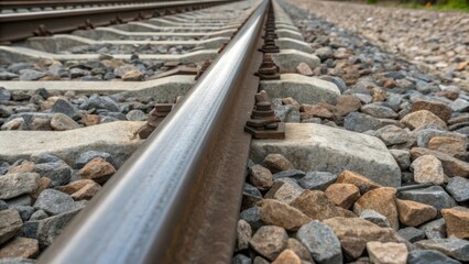 Aufkleber - An intricate perspective capturing the interplay of gravel ballast and the metal rail where tiny stones are tightly packed around the base of the steel revealing the precise
