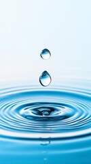Poster - Two water droplets are falling and creating concentric ripples on a blue liquid surface, providing a clean and refreshing concept for various design projects