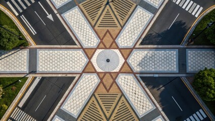 Aufkleber - An intricate overhead shot of interconnected modular pedestrian crossings displaying a complex geometric pattern. Each segment features unique textures from polished concrete to