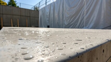 Poster - An intricate texture of fresh concrete captured in a macro shot revealing tiny air bubbles and imperfections. The wall looms in the background partially obscured by translucent