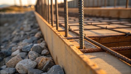 Poster - An intricate shot of steel rebar protruding from the formwork of a poured concrete section its rusted surface hinting at strength and longevity while a few tered rocks and pebbles