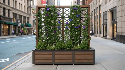 Poster - An intricate view of a modular planter box with a trellis system showcasing climbing plants like jasmine and morning glories. The structure of the box supports the vertical growth